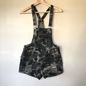 Camo denim overall shorts
